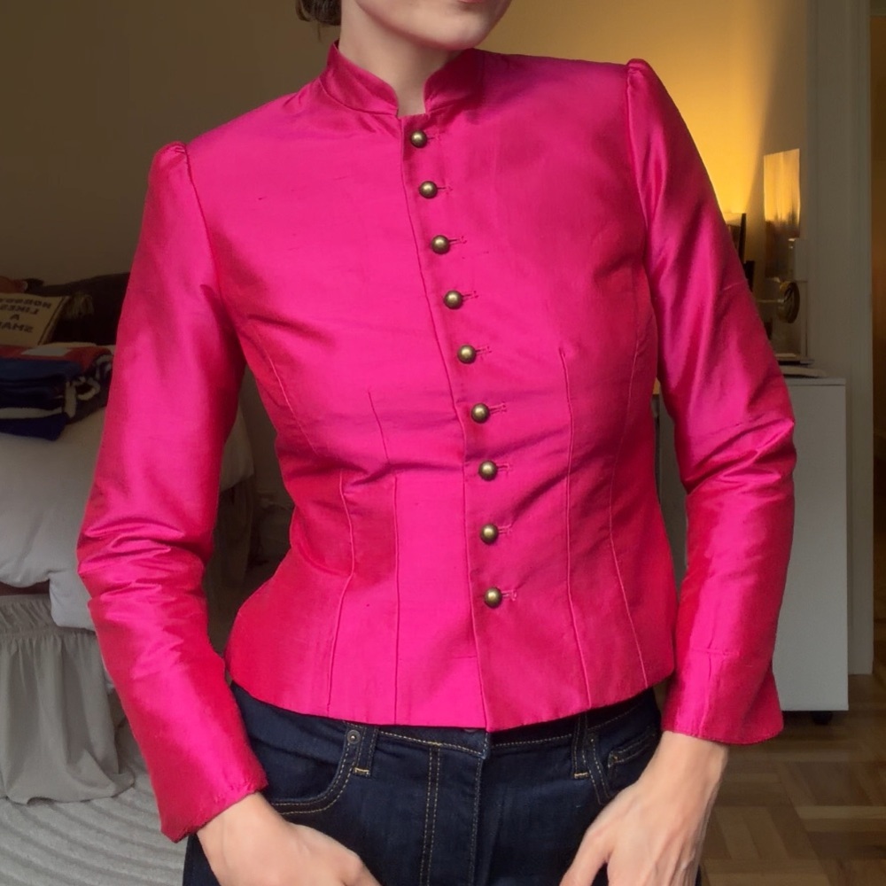 100% Silk Fuchsia Stand-Collar Button Jacket Ralph Lauren